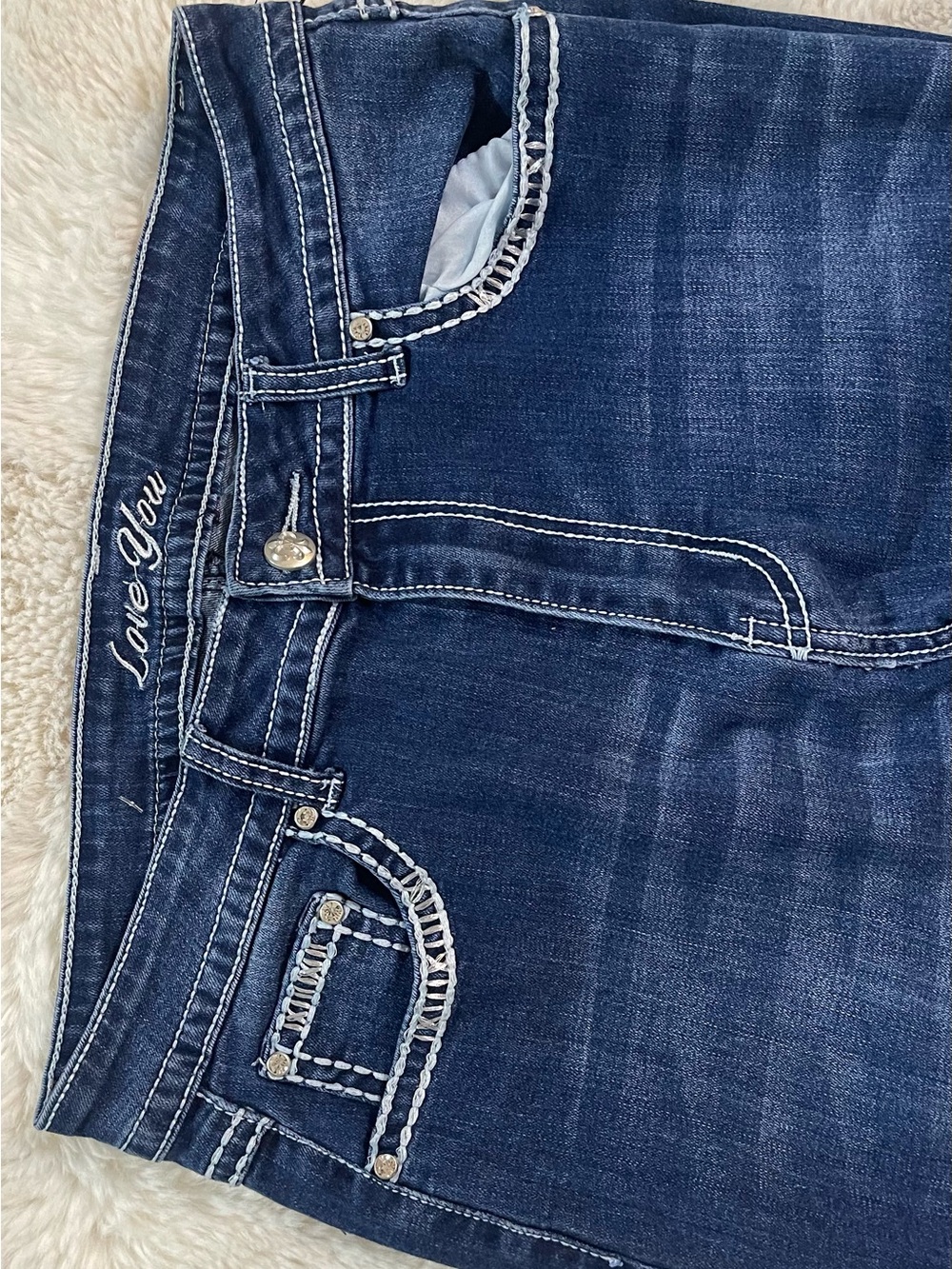 Love You Jeans Dark Wash Rhinestone Thick Stitch Jeans - Size 15/16 - Picture 4 of 9